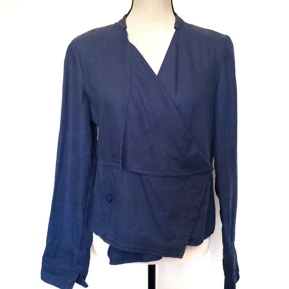 For the Republic Linen Womens Blouse Sz 8 Lagenlook Asymmetric Scandi Blue Artsy